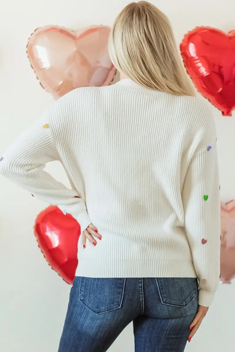Sweaters Love Salve  Beige Heart Sequin Waffle Knit Sweater with