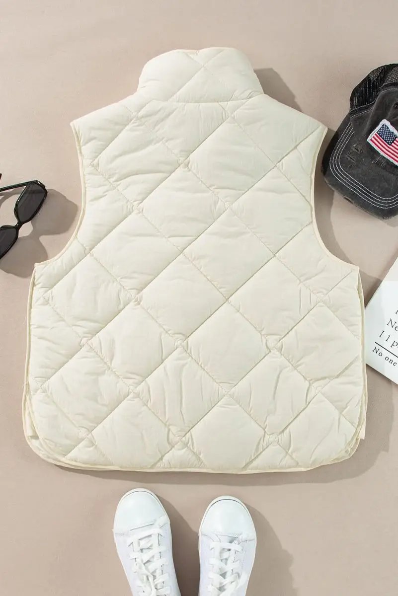 Shirts Love Salve Beige Quilted Vest Women's Daily Casual Coat: High Neck, Button Up