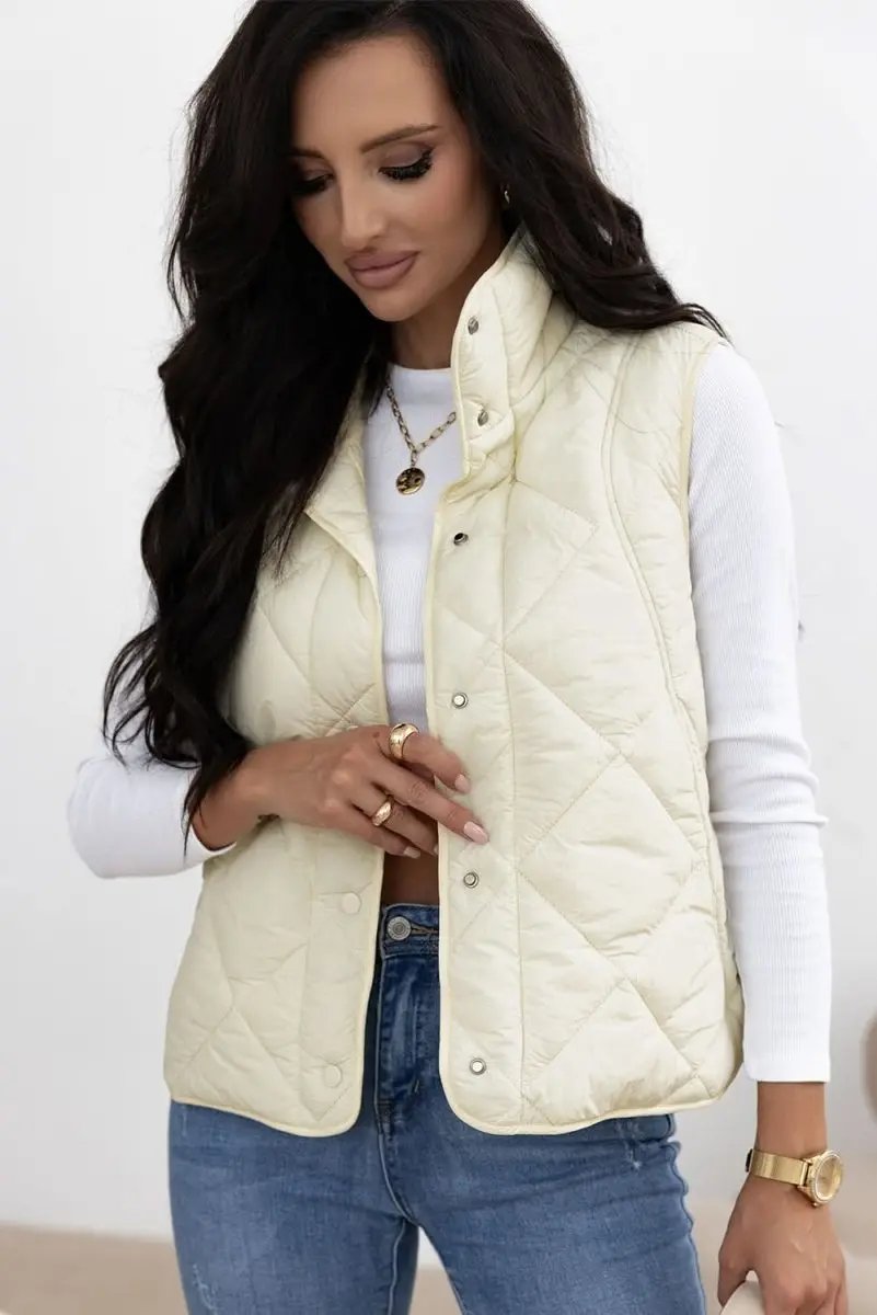Shirts Love Salve Beige Quilted Vest Women's Daily Casual Coat: High Neck, Button Up