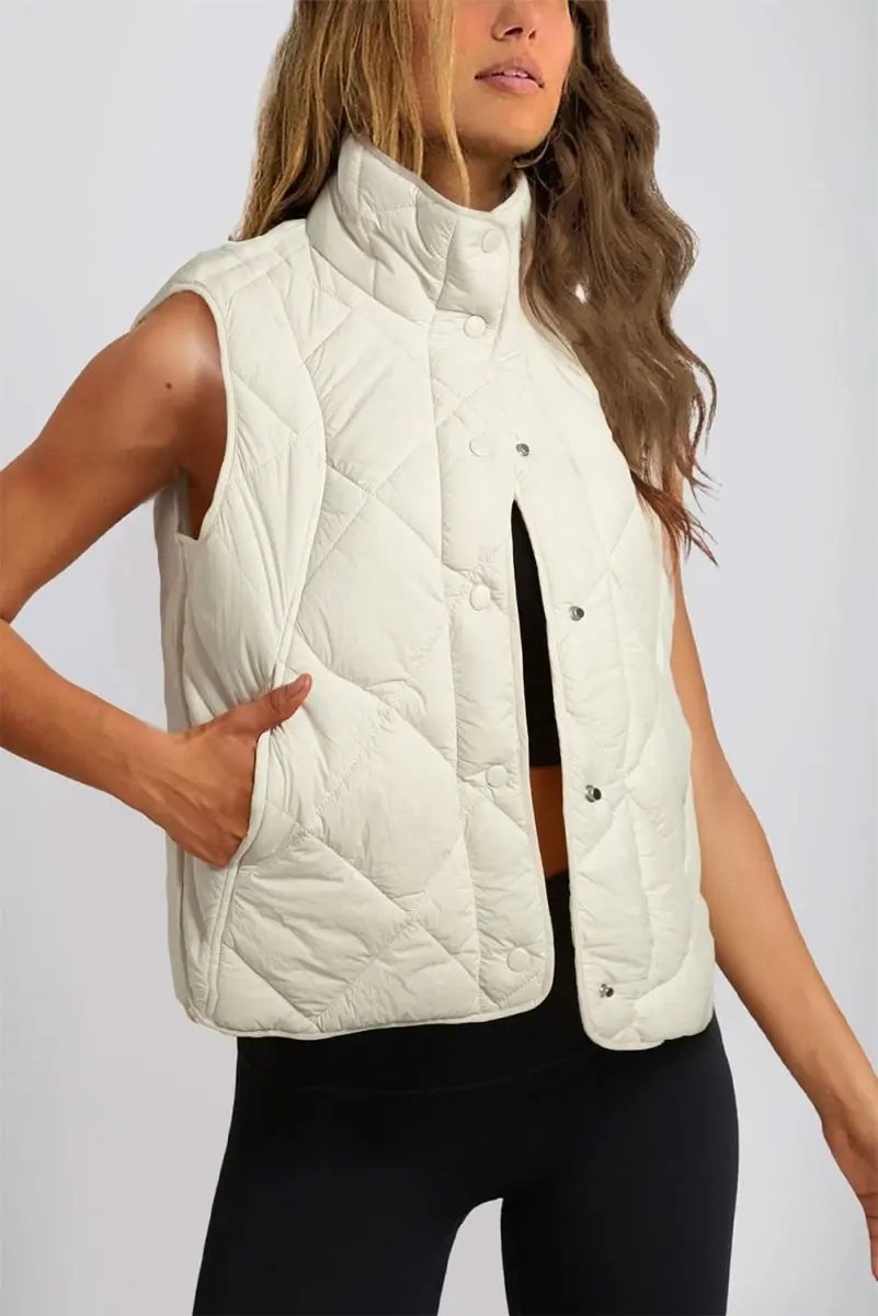 Shirts Love Salve Beige Quilted Vest Women's Daily Casual Coat: High Neck, Button Up