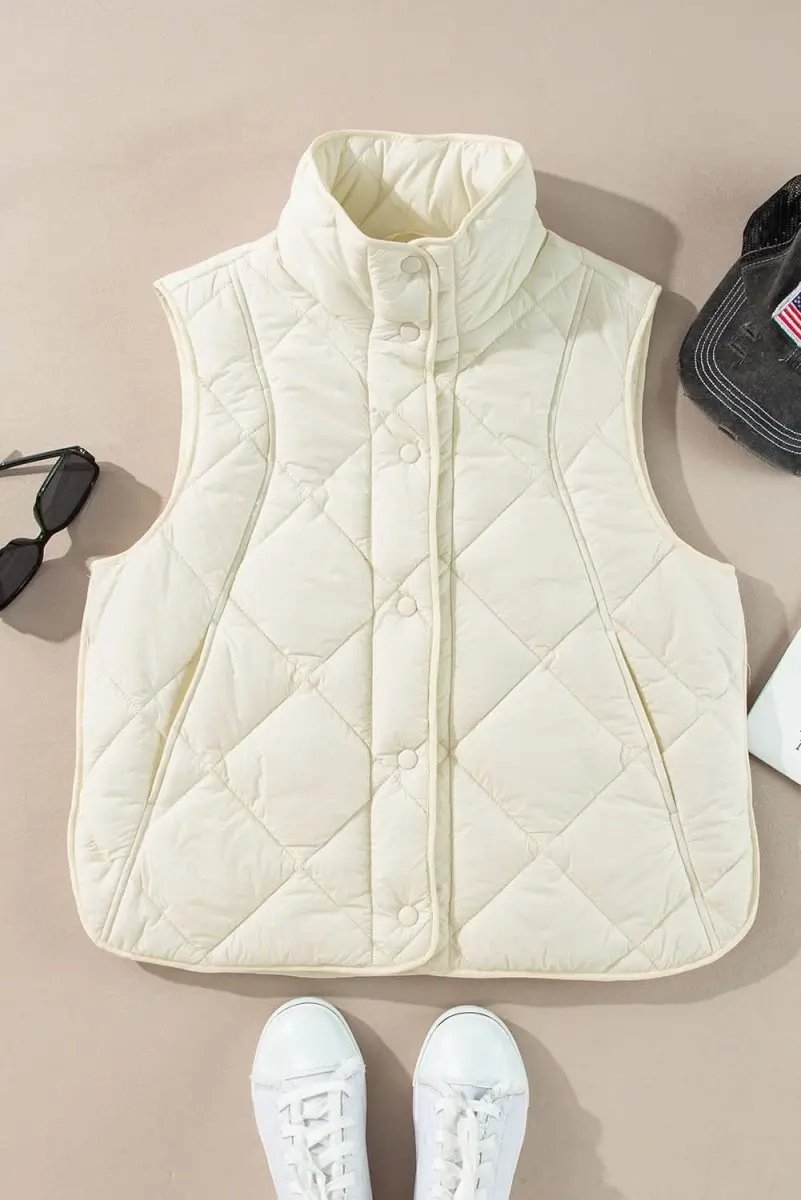 Shirts Love Salve Beige Quilted Vest Women's Daily Casual Coat: High Neck, Button Up