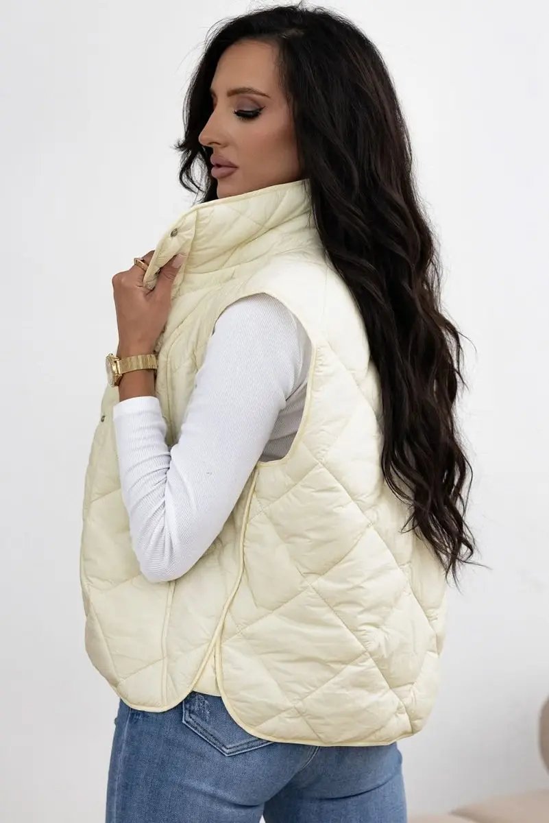 Shirts Love Salve Beige Quilted Vest Women's Daily Casual Coat: High Neck, Button Up