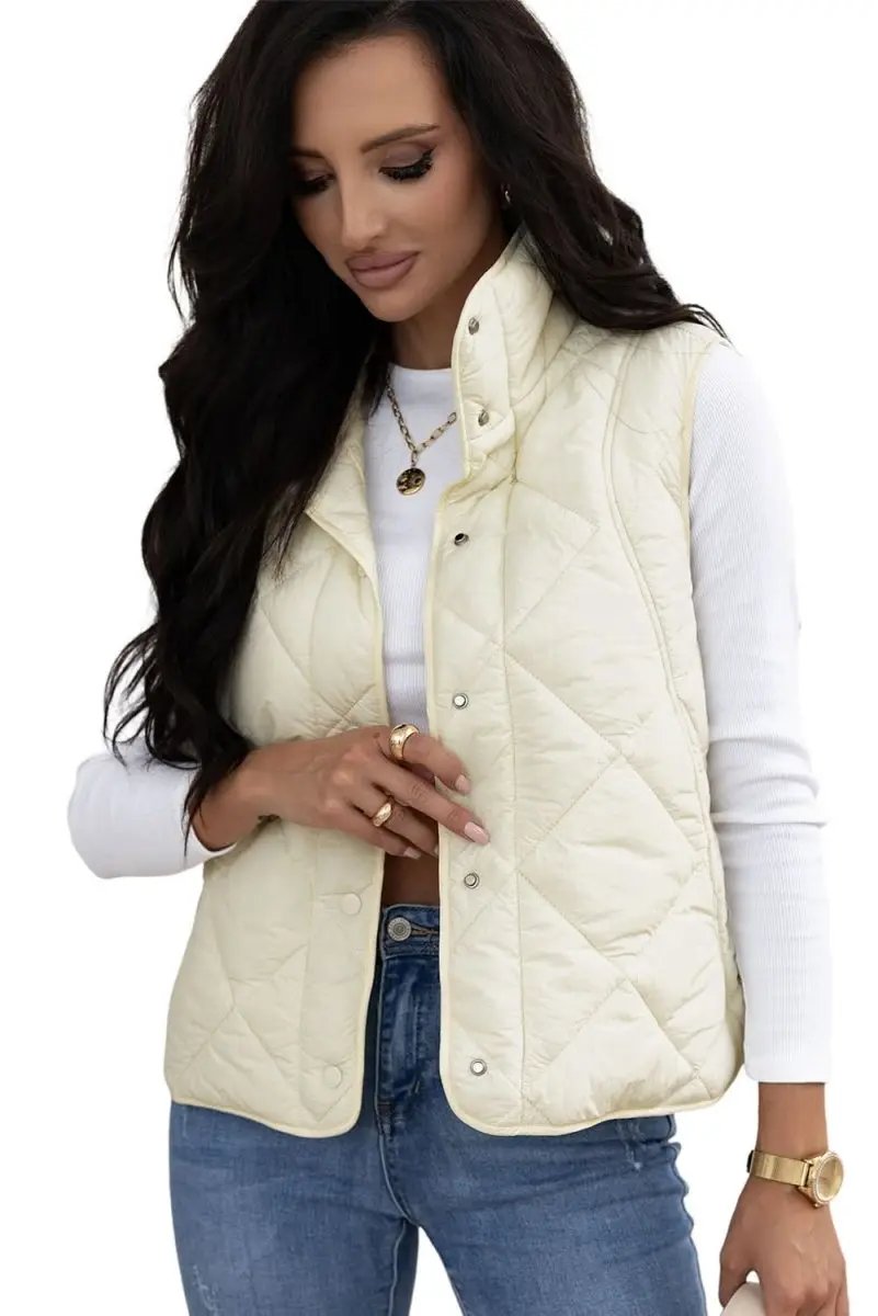 Shirts Love Salve Beige Quilted Vest Women's Daily Casual Coat: High Neck, Button Up