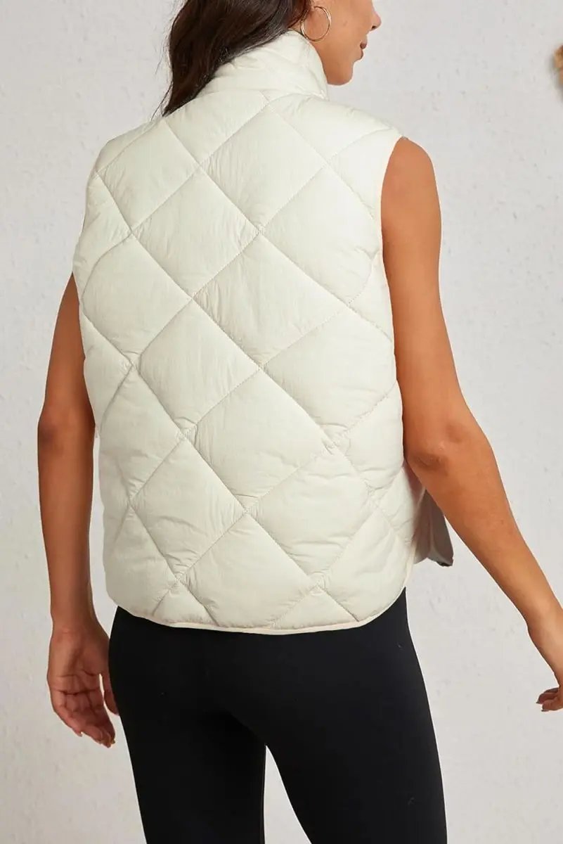 Shirts Love Salve Beige Quilted Vest Women's Daily Casual Coat: High Neck, Button Up