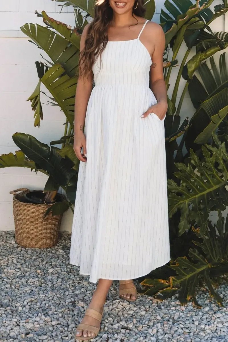 Dresses Love Salve Beige Striped Maxi Dress Women's Vacation A-Line Dress w/ Pockets