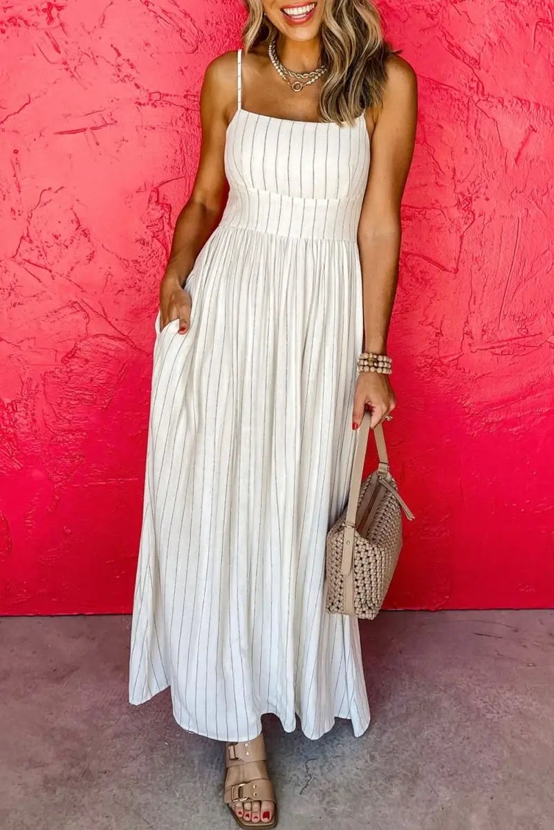 Dresses Love Salve Beige Striped Maxi Dress Women's Vacation A-Line Dress w/ Pockets