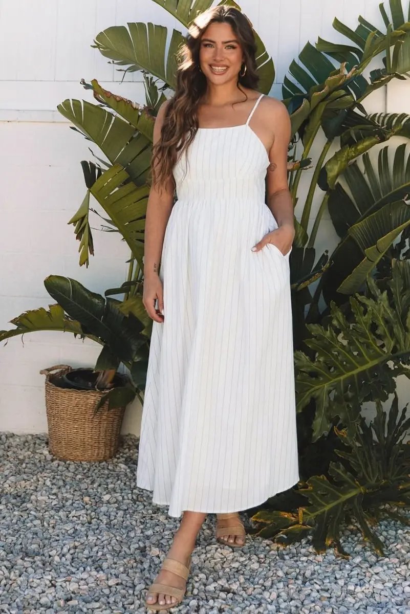 Dresses Love Salve Beige Striped Maxi Dress Women's Vacation A-Line Dress w/ Pockets