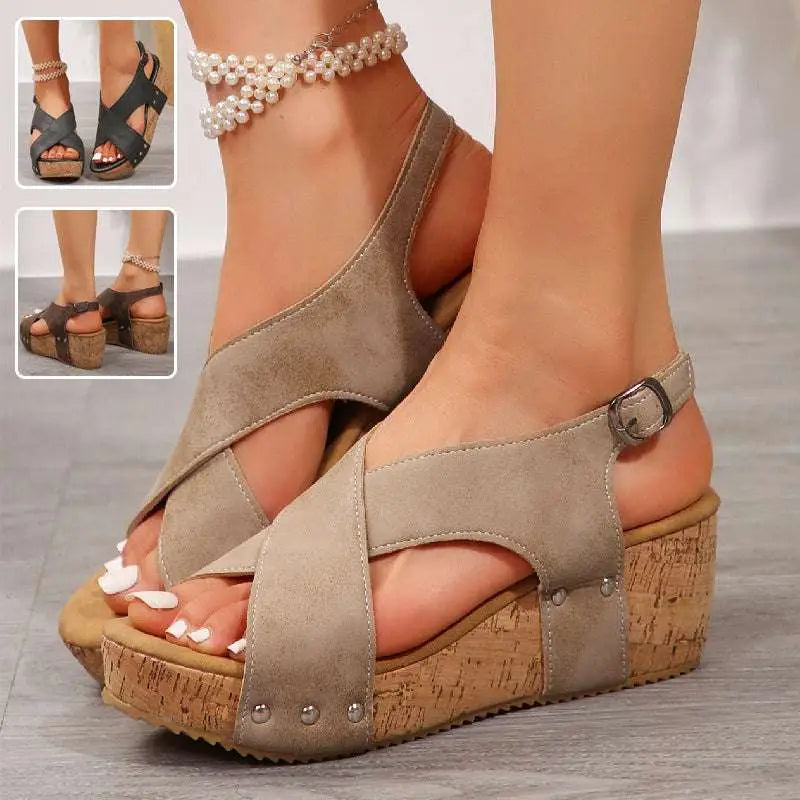 Beige Suede Rivet Wedges Snadals with Cork Soles