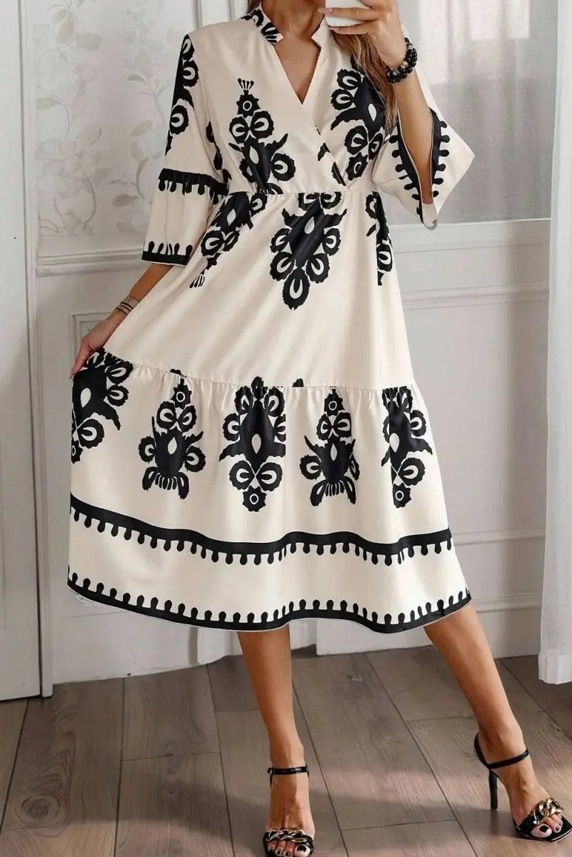 Dresses Love Salve Beige Geometric Midi Dress Women's Vacation Bohemian Style Lightweight