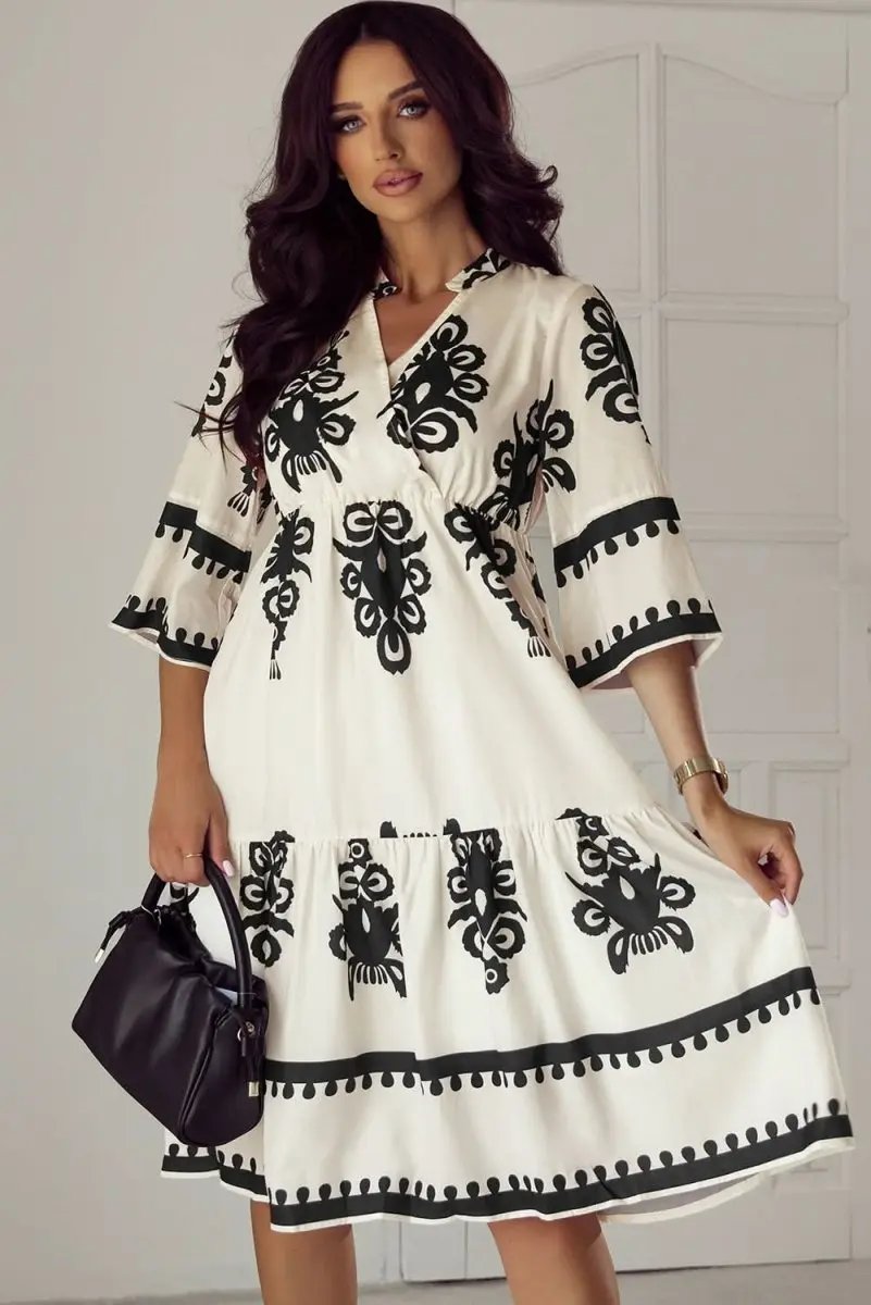Dresses Love Salve Beige Geometric Midi Dress Women's Vacation Bohemian Style Lightweight