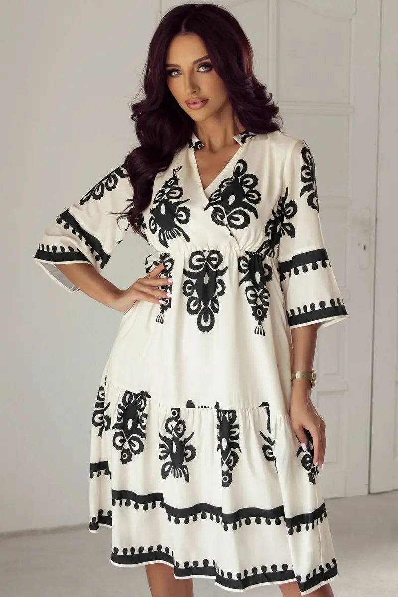 Dresses Love Salve Beige Geometric Midi Dress Women's Vacation Bohemian Style Lightweight