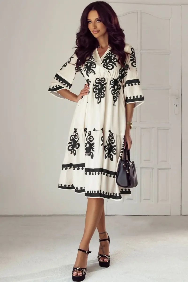 Dresses Love Salve Beige Geometric Midi Dress Women's Vacation Bohemian Style Lightweight