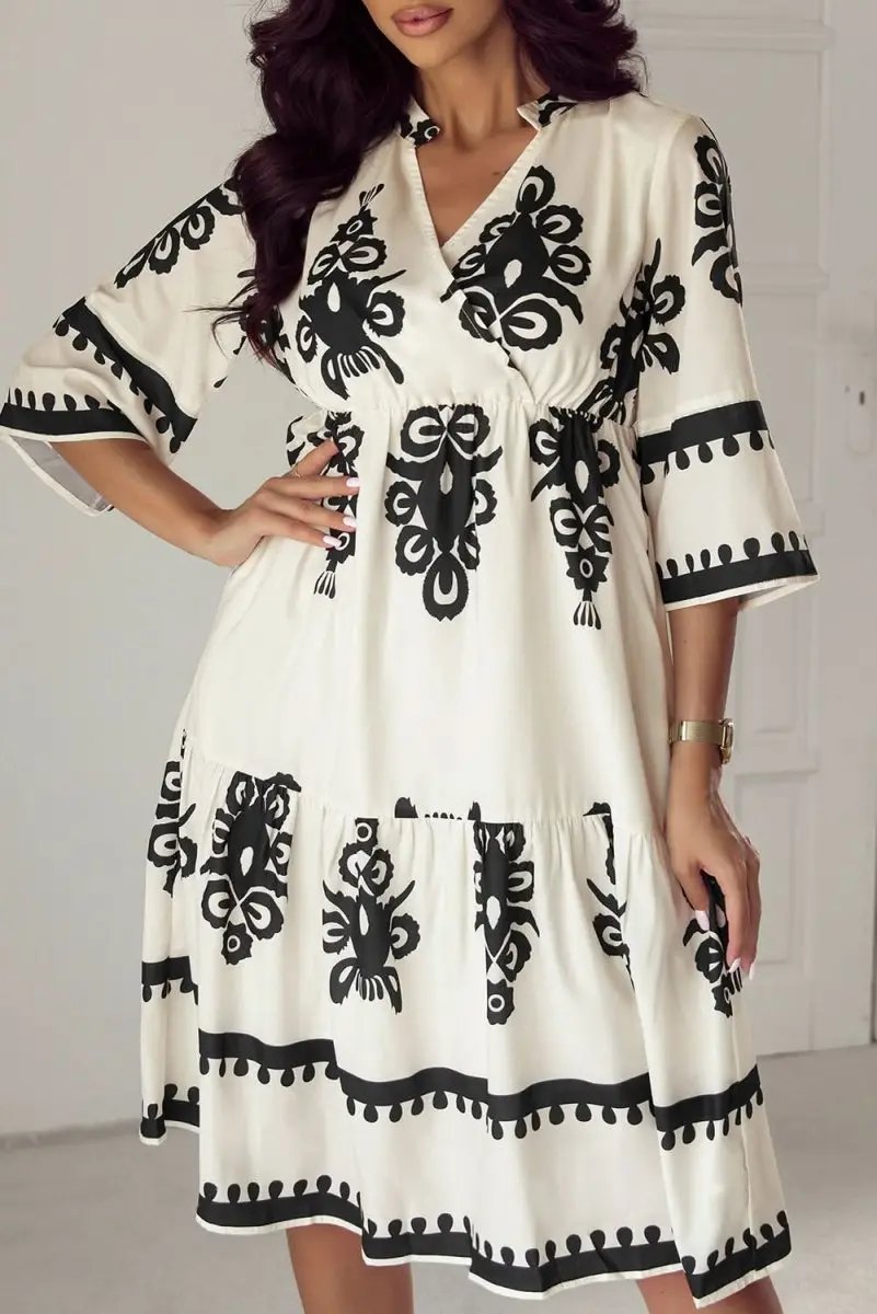 Dresses Love Salve Beige Geometric Midi Dress Women's Vacation Bohemian Style Lightweight