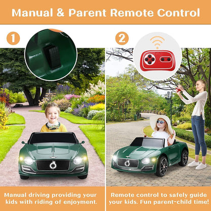 Bentley Style 12V Electric Ride-On Toy Car with Remote Control and LED Lights - Green
