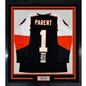 Framed Autographed/Signed Bernie Parent 35x39 Philadelphia Black Hockey Jersey JSA COA