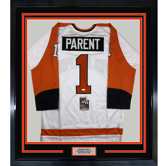 Framed Autographed/Signed Bernie Parent 35x39 Philadelphia White Hockey Jersey JSA COA