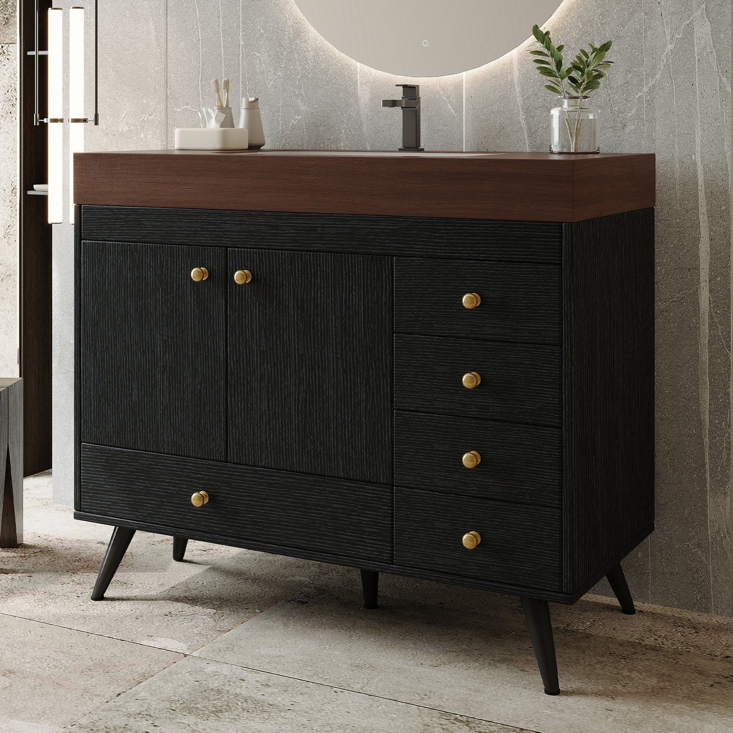 36" Freestanding Bathroom Vanity with Faux Marble Top, Ceramic Sink, 5 Drawers & Stainless Steel Legs