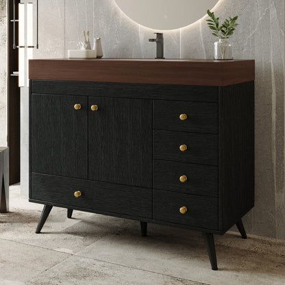 36" Freestanding Bathroom Vanity with Faux Marble Top, Ceramic Sink, 5 Drawers & Stainless Steel Legs