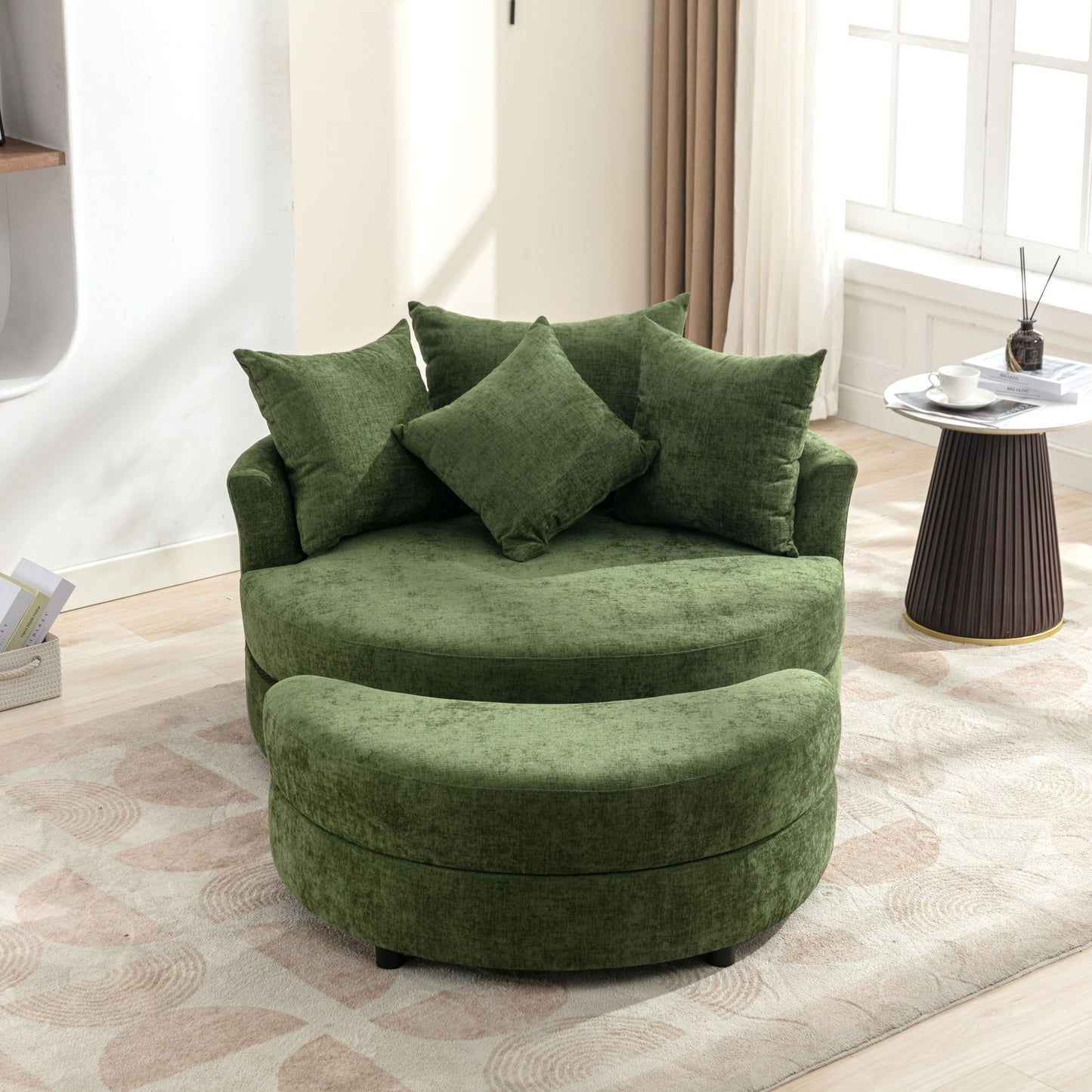 360° Swivel Accent Barrel Chair With Storage Ottoman & 4 Pillows, Modern Leisure Chair Round Accent For Living Room