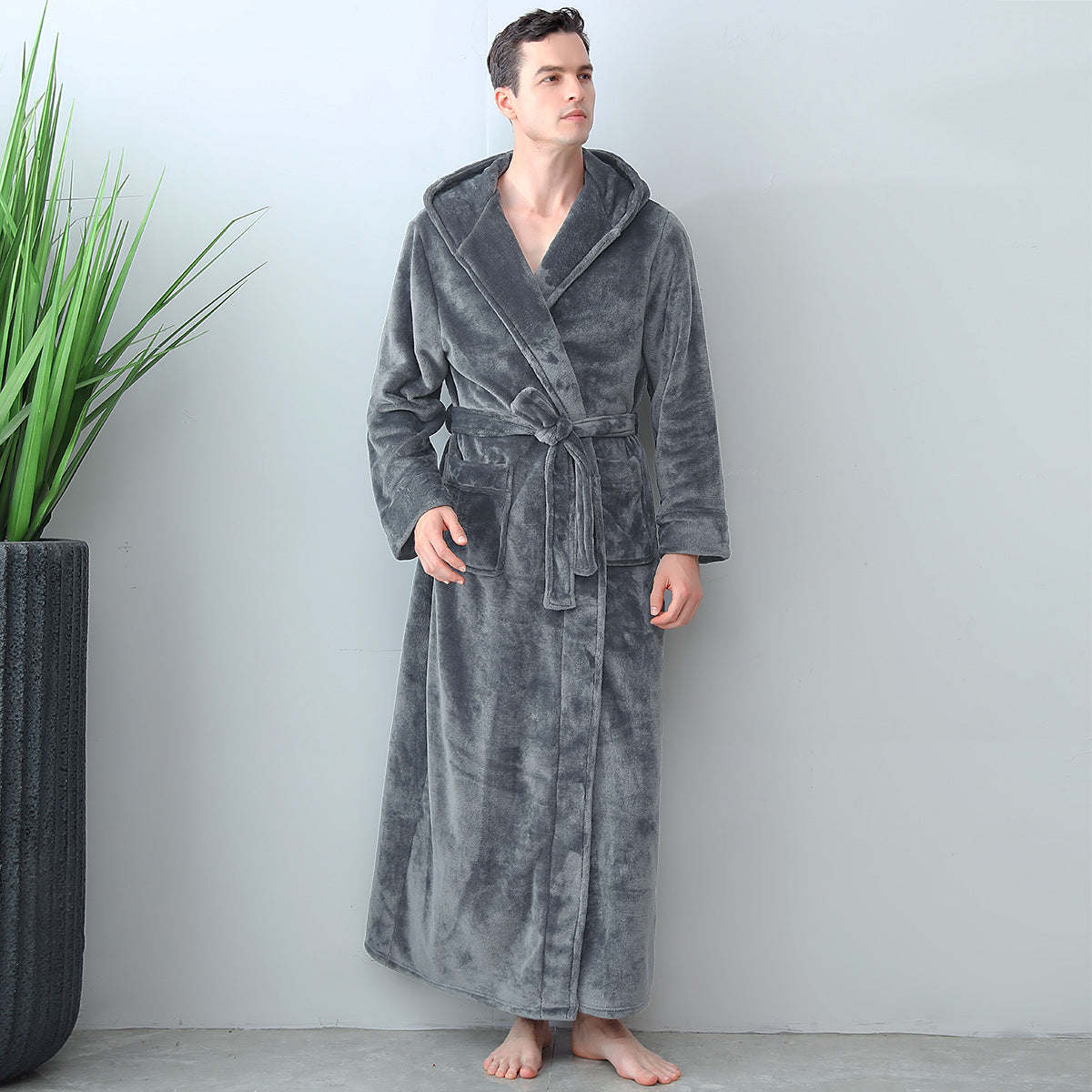 Mens Winter Hooded Thickened Long-Style Nightgown