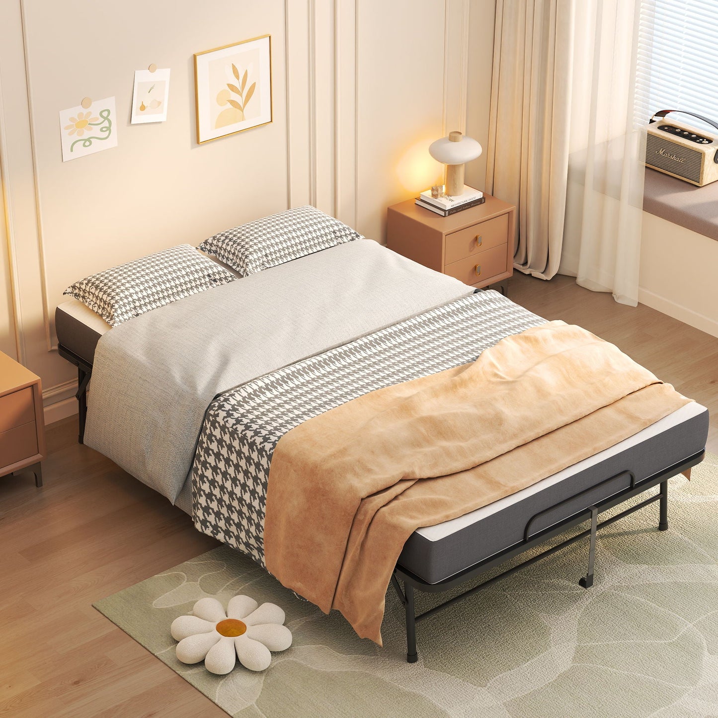 Twin Wide Folding Bed For Tall People, Extra Long & Wide Rollaway With Memory Foam, Heavy-Duty - Black