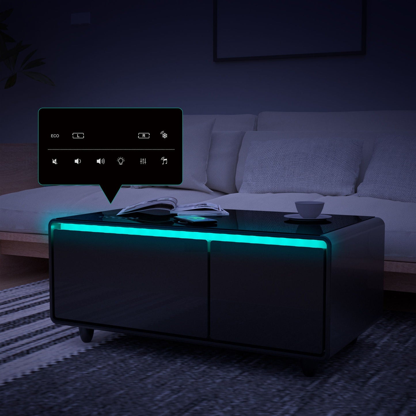 Modern Smart Coffee Table With Built-In Fridge - tooth Speaker, Wireless Charging, Touch Control Panel, USB Interface, Outlet Protection, Atmosphere Light