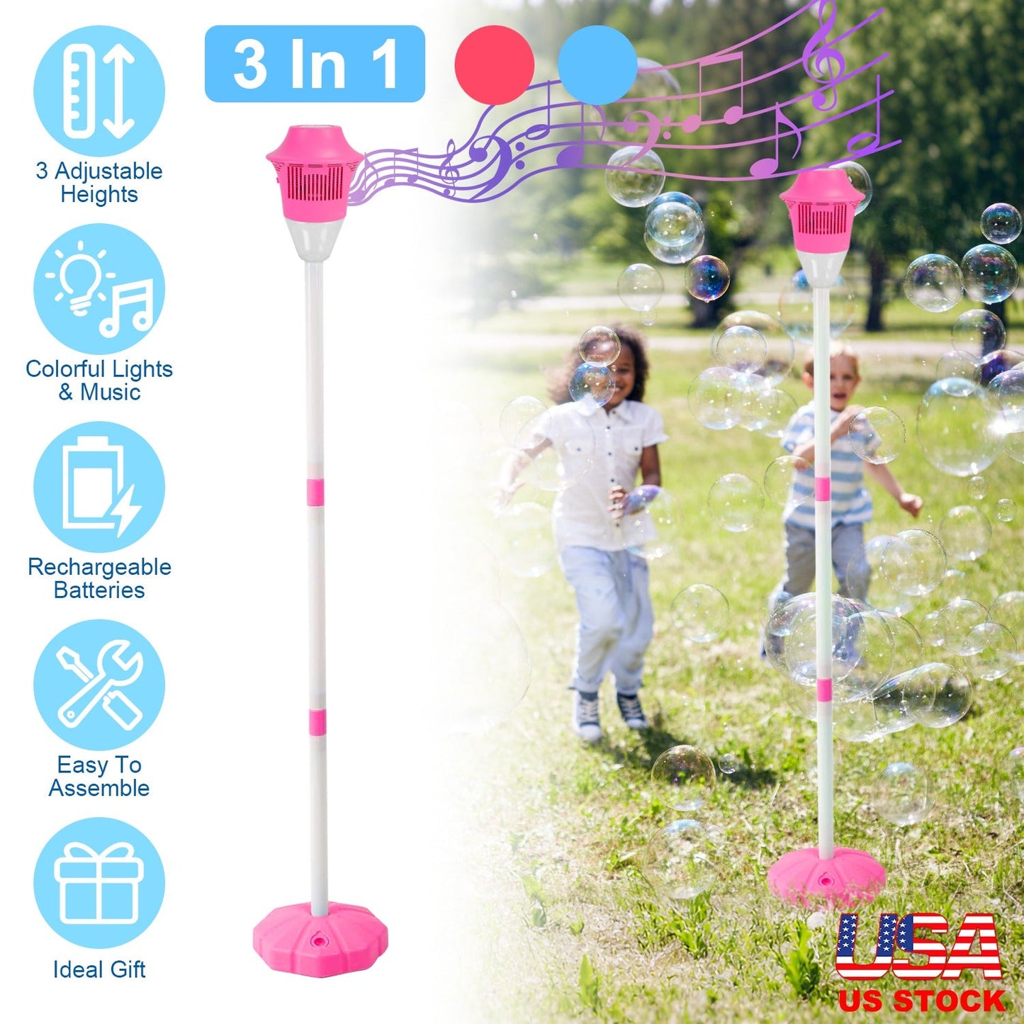 Standing Bubble Machine with Lights & Music - 3 Heights