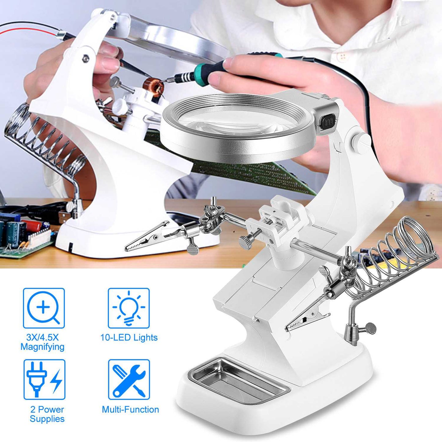 LED Light Helping Hands Magnifying Glass 3X/4.5X w/ 360¡Adjust Third Hand Soldering Vise