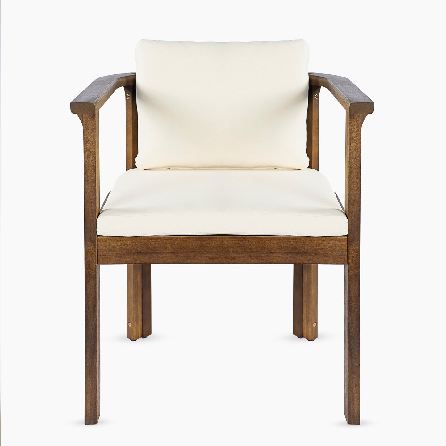Outdoor Dining Chair Set of 2 with Curved Acacia Wood Arms, Brown Finish and Cream Cushions