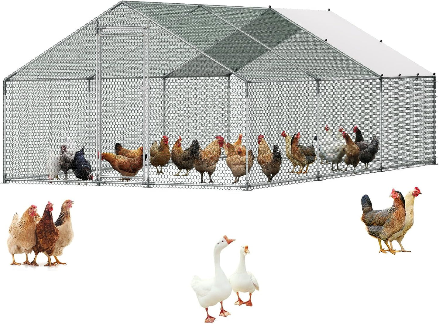 VEVOR Large Metal Chicken Coop, Walk-in Poultry Cage With Waterproof Cover, Outdoor Hen House For Chicken Duck Rabbit Farm