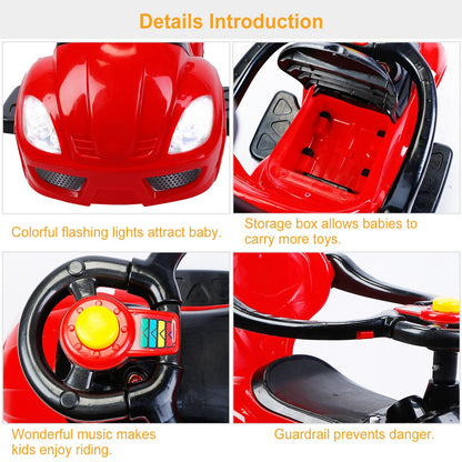 Ride on Push Car 4-Wheel Children Sliding Push Car W/ Colorful Flashing Light Music Handrail Guardrail Push Rod