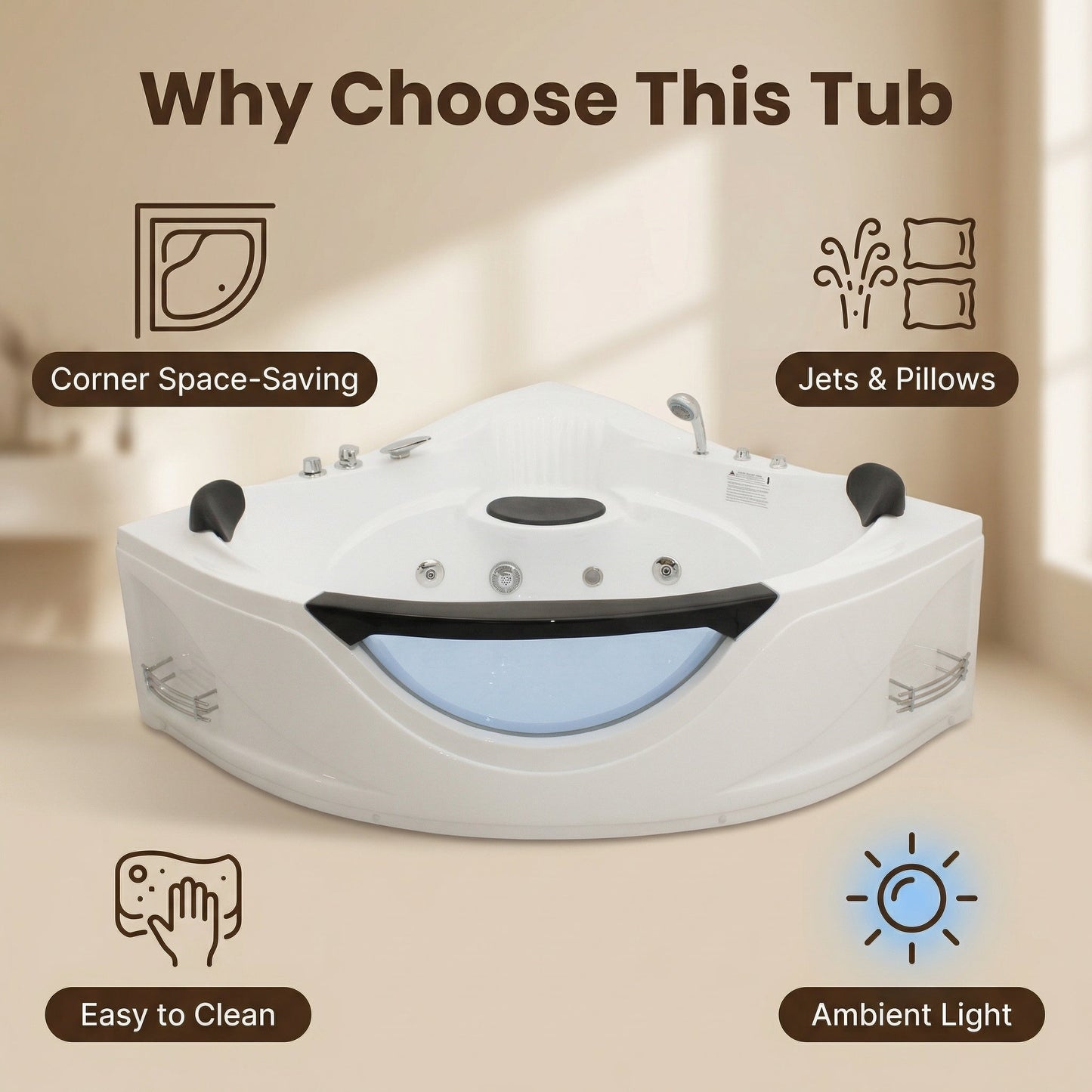 59" Corner Whirlpool Bathtub for 2-Person