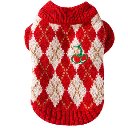 Thick And Warm Diamond-shaped Embroidered Cherry Small Flying Sleeve Sweaters For Dogs In Autumn And Winter, As Well As Pet Clothes For Small And Medium-sized Dogs And Cats