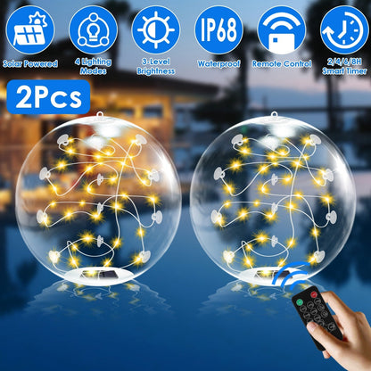 2Pcs Floating Pool Lights 14in Solar Powered Pool Balls IP68 Waterproof InflatableÊPool Decoration Lights with Remote Control 3 Light Modes Timer Adju