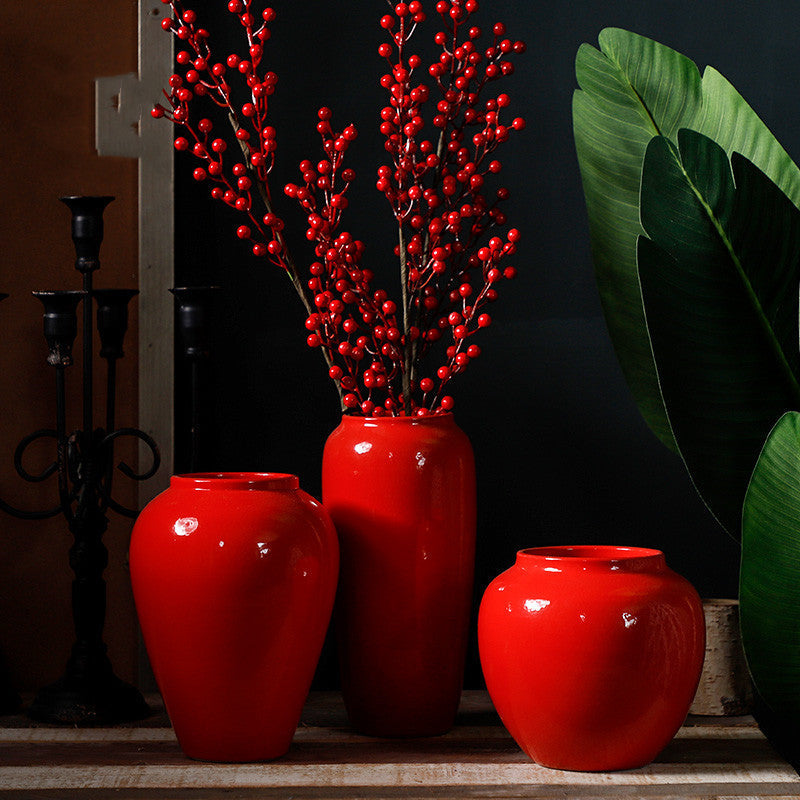 New Glossy Red Ceramic Living Room Decor Synthetic Flowers Vase