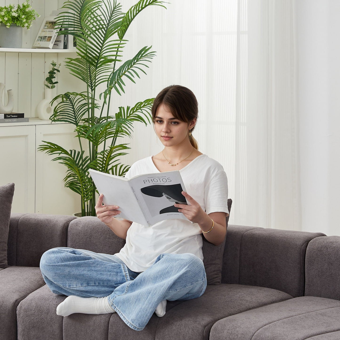 Curved Sectional Sofa With 2 Pillows For Living Room - Gray