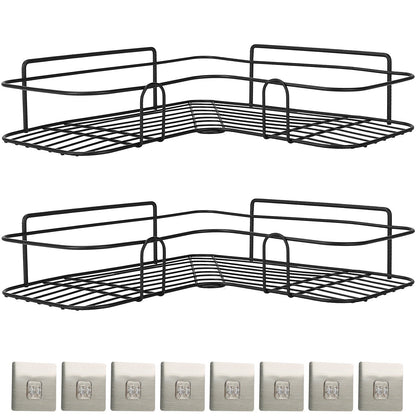 2Pcs Corner Shower Caddy Shelves Wall Mounted Basket Rack Bathroom Shampoo Holder Storage Organizer W/ 8Pcs Adhesive Hooks For Toilet Dorm Kitchen