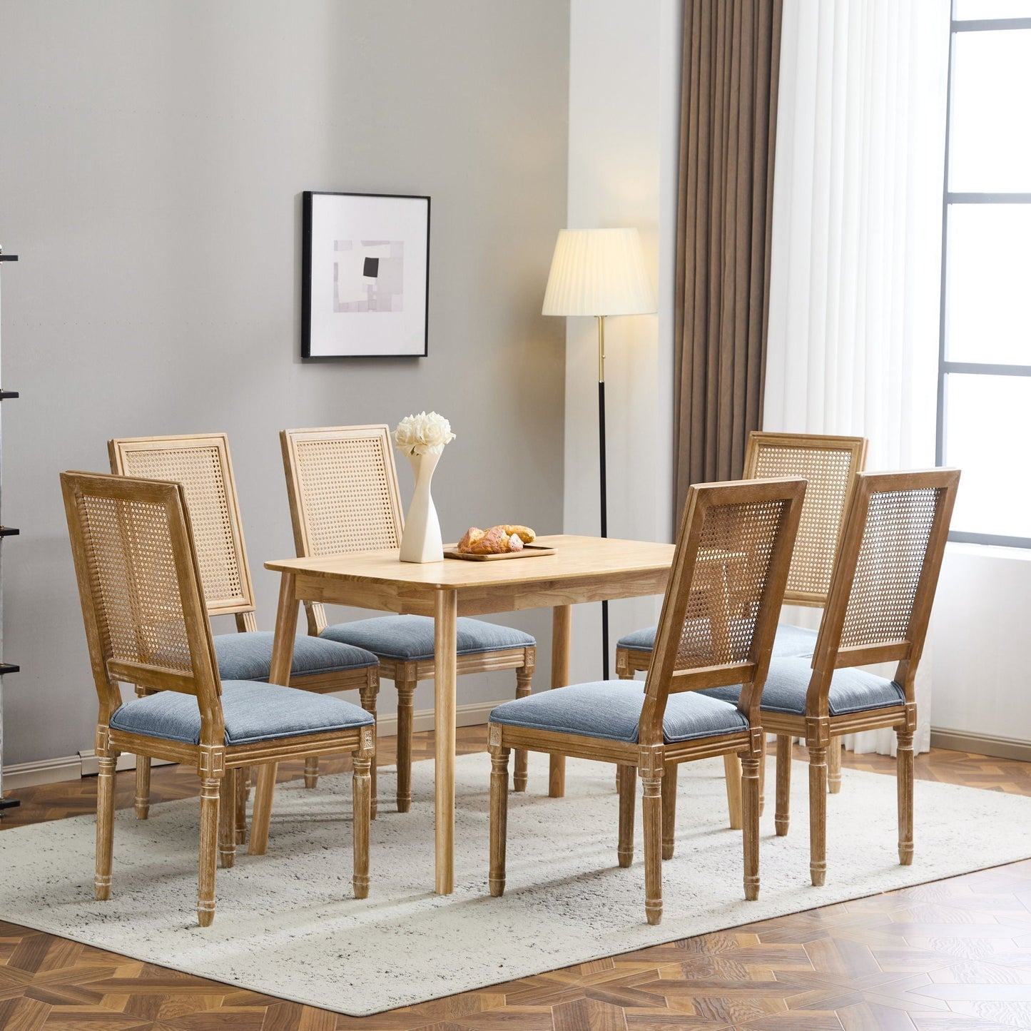 French Country Dining Chair With Rectangular Cane Backrest And Smooth Upholstered Seating