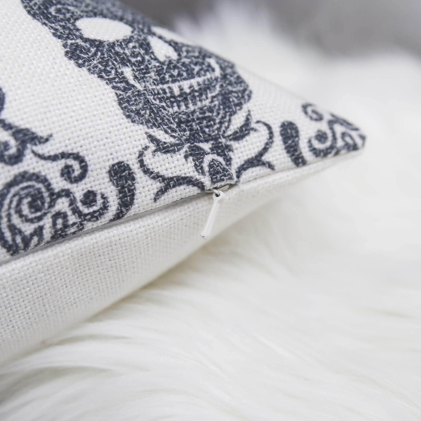 Gothic Damask Skull Throw Pillow – Black & White Cotton Linen