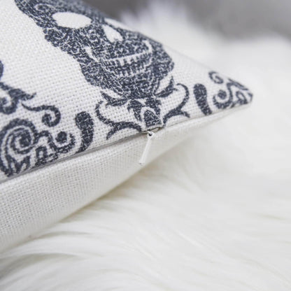 Gothic Damask Skull Throw Pillow – Black & White Cotton Linen