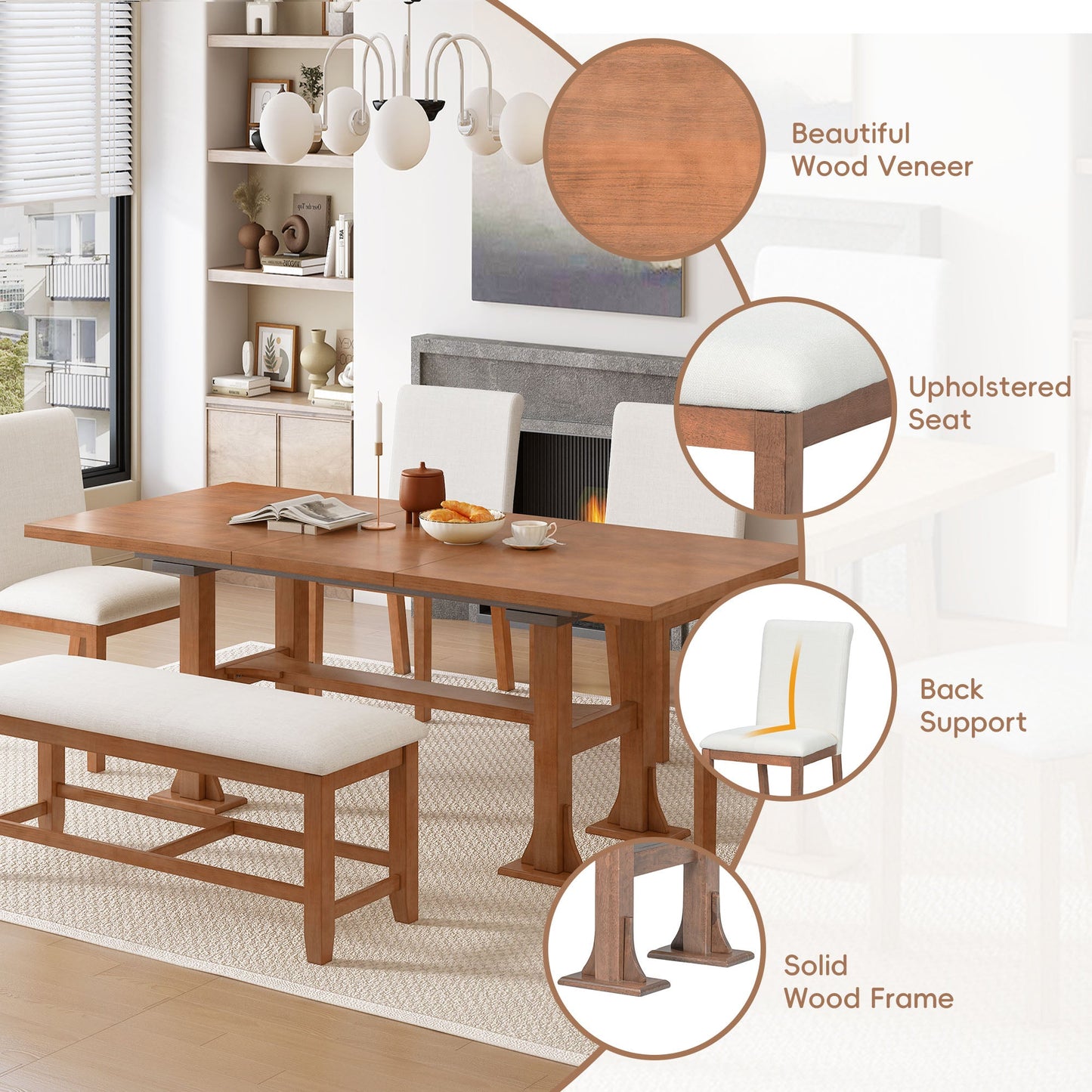 TOPMAX Farmhouse 76inch 6-Piece Extendable Dining Table Set