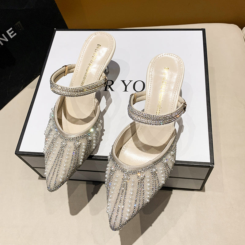 Women Pearl Rhinestone Pointed Toe High Heel Slippers, 2026 New Korean Fairy Style Thin Heel Single Strap Sandals For Outdoor Wear