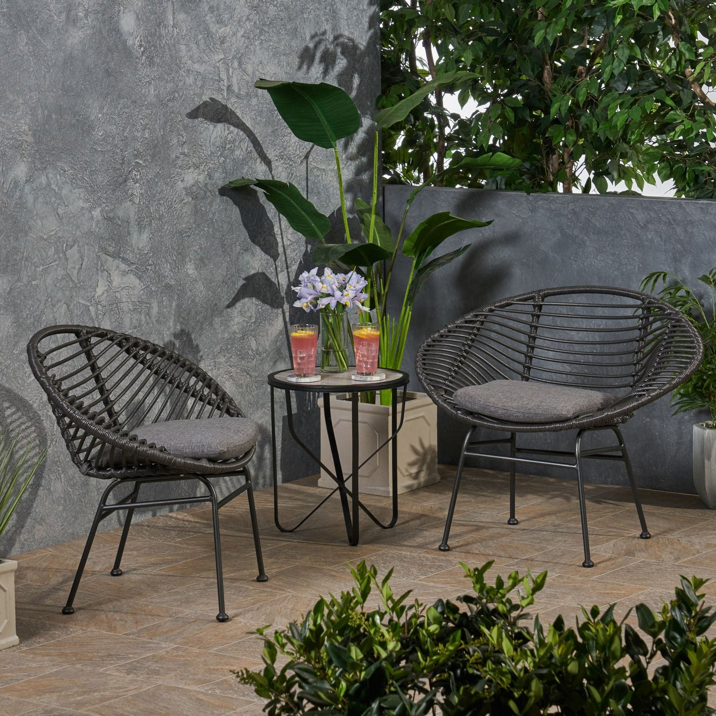 Cordella Outdoor Woven Wicker Chairs with Cushions, Set of 2