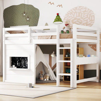 Twin Size Loft Bed With Sliding Chalkboard & Bookshelf