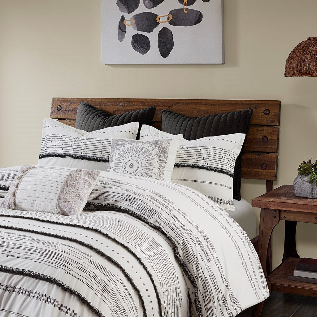 Cotton Printed Comforter Set with Trims Black/White Full/Queen