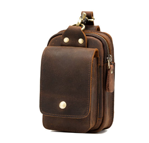 Retro Top Layer Cowhide Phone Bag, Crazy Horse Leather Men's Belt Waist Bag