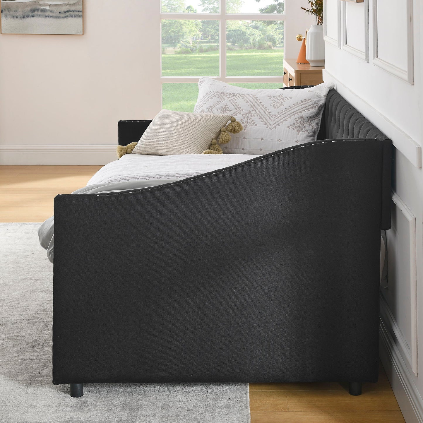 Upholstered Tufted Daybed With 2 Drawers, Waved Arms