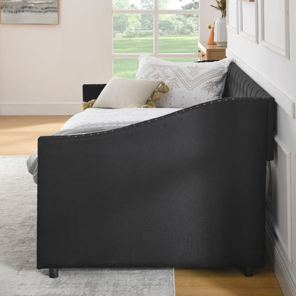 Upholstered Tufted Daybed With 2 Drawers, Waved Arms