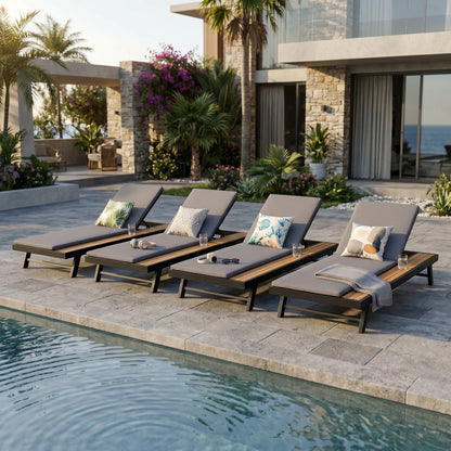 Black Iron + Teak Finish Outdoor Chaise Lounge Set