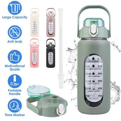 64Oz Glass Water Bottle Sports Water Bottle Motivational Water Bottle Water Intake Tracker Bottle with Straw Time Marker Silicone Sleeve Handle for Gy